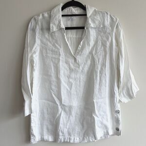 Sigrid Olsen White 100% Linen V-neck Blouse 3/4 Sleeves Sz Small